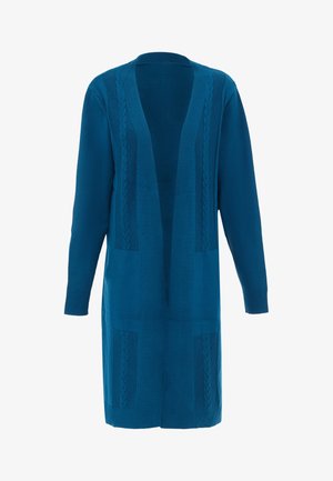 Langer, offener Cardigan in tiefem Teal mit Zopfmuster, gerippten Ärmeln und Taschen, aus weichem, strukturiertem Stoff.