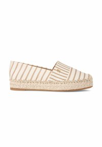Beige-wit gestreepte espadrille met een gevlochten platendraagszool van jute en een klein goudkleurig logodetail aan de bovenzijde.