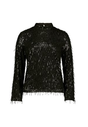 Top nero a maniche lunghe realizzato in tessuto testurizzato, decorato con frange verticali e paillettes, con scollatura alta e chiusura sul retro a oblò.