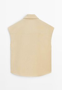 Beige sleeveless shirt with a pointed collar, displayed flat showing the back side on a white background.