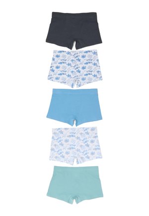Fünf Paar Kinderboxershorts in einfarbigem Marineblau, Weiß mit blauen Mustern, einfarbig Hellblau, Weiß mit blauen Mustern und einfarbigem Mintgrün.
