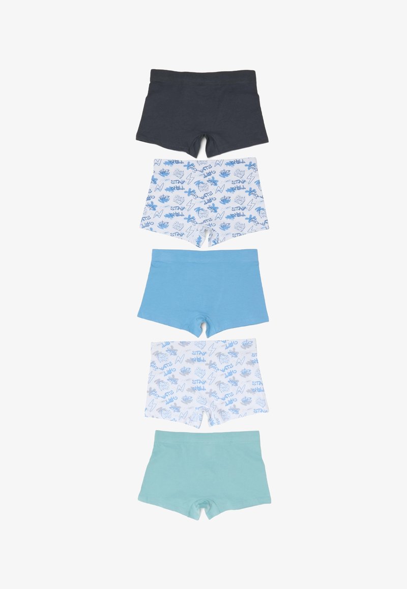 Cinq paires de boxers pour enfants en uni marine, blanc avec motifs bleus, bleu clair uni, blanc avec motifs bleus, et vert menthe uni.