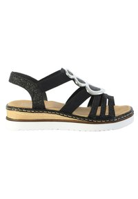 Sandalo nero con punta aperta, cinturini neri glitterati, accentuazione metallica, soletta imbottita e suola bianca rigata con dettagli simili al legno.
