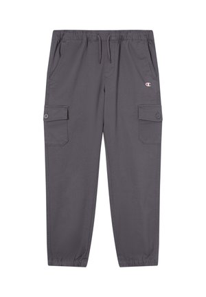 Grijze cargobroek van een katoenmix. Beschikt over een elastische tailleband, trekkoord, twee zijzakken en twee cargozakken met knoopsluitingen.