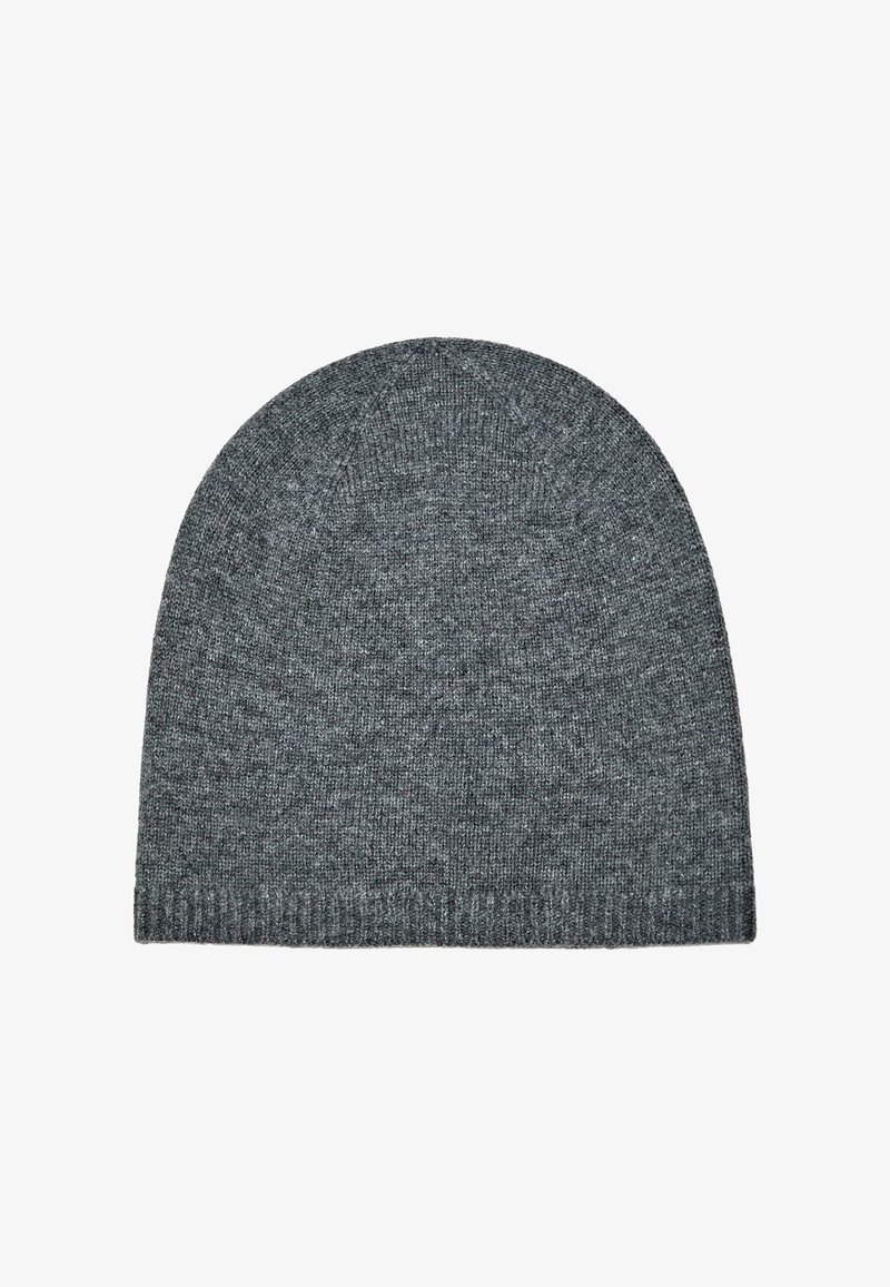 Gray knit beanie with a smooth texture, rounded top, and ribbed cuff. Fabric is soft and stretchy, ideal for warmth and comfort.
