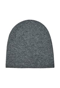 Grau gestrickte Mütze mit glatter Textur, abgerundetem Oberteil und geripptem Saum. Der Stoff ist weich und dehnbar, ideal für Wärme und Komfort.