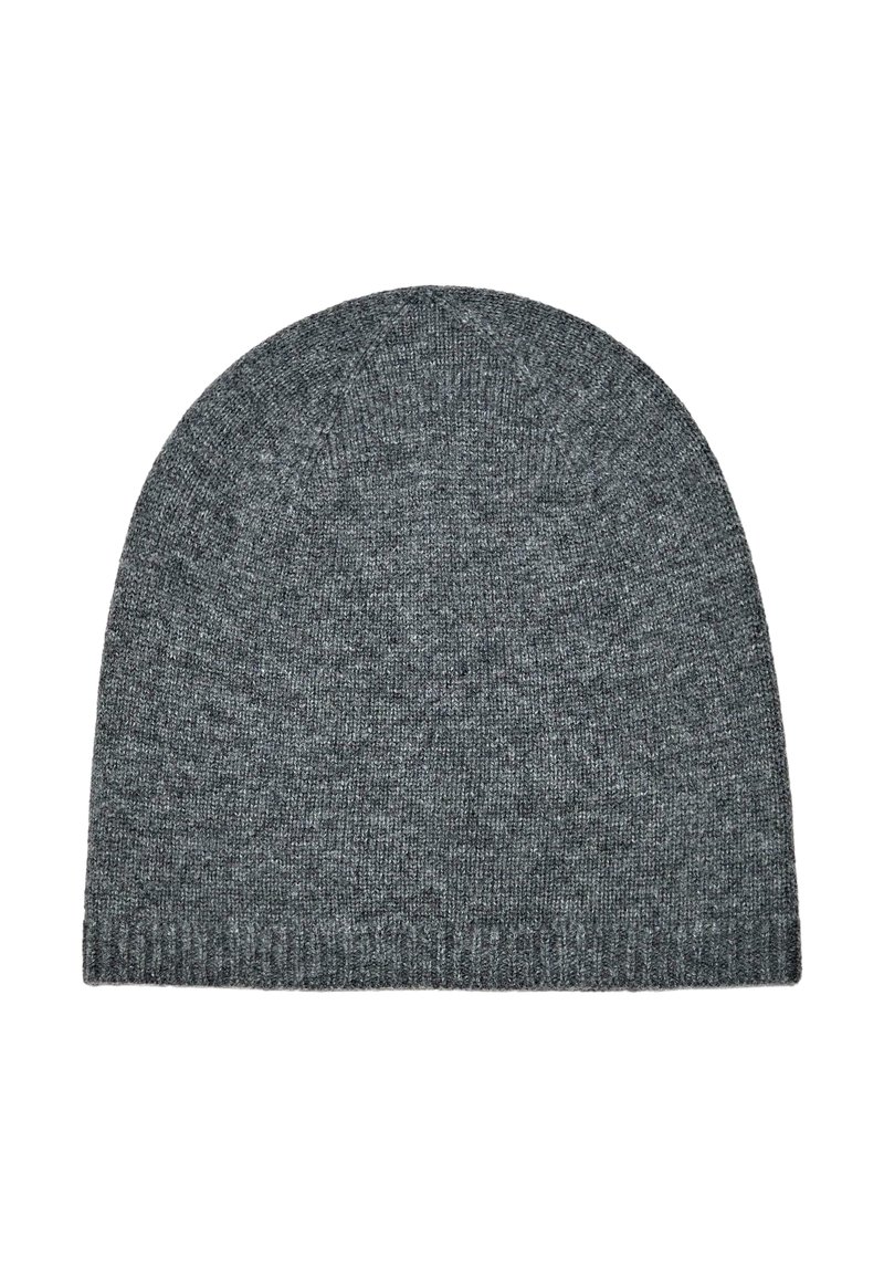 Grau gestrickte Mütze mit glatter Textur, abgerundetem Oberteil und geripptem Saum. Der Stoff ist weich und dehnbar, ideal für Wärme und Komfort.
