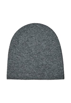 Grå stickad mössa med en slät yta, rund topp och ribbad mudd. Tyget är mjukt och stretchigt, perfekt för värme och komfort.