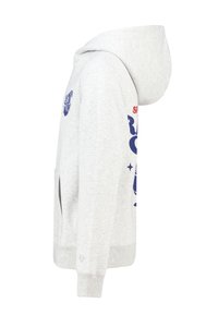 Sweat à capuche gris avec un grand graphisme bleu sur le devant et un texte rouge. Doté d'une capuche avec cordon de serrage et de poches latérales. Texture de tissu doux.