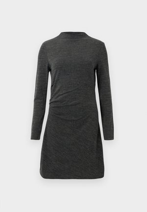 Long-sleeve dress in dark gray, made of textured fabric, featuring a high neck and a draped waist design for a relaxed fit.