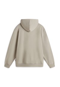Beige hoodie med dragsko i huvan, långa ärmar och ribbade mudd. Slät texturdesign, inga synliga mönster eller detaljer.