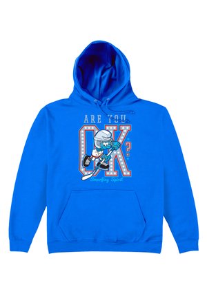 Lyseblå hættetrøje med en tegneserie-Smurf, der spiller hockey, og tekst "Er du OK? Smurfende ånd" i rød, hvid og blå farve.