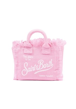 Piccola borsa in spugna rosa con bordi sfrangiati e la scritta "The place to be Saint Barth Summer Paradise" stampata in bianco.