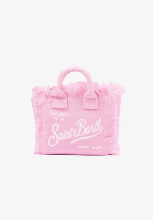 Piccola borsa in spugna rosa con bordi sfrangiati e la scritta "The place to be Saint Barth Summer Paradise" stampata in bianco.