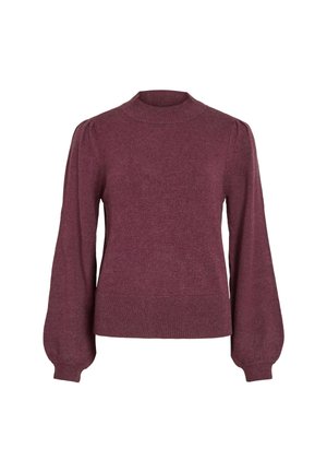Pull en maille bordeaux avec un col haut, des manches longues bouffantes et un ourlet côtelé. Texture douce, design décontracté et matériau léger.