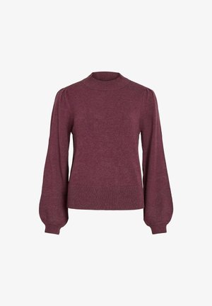 Bordó kötött pulóver magas nyakkal, puffos hosszú ujjakkal és bordázott alsó résszel. Puha textúra, laza dizájn és könnyű anyag.