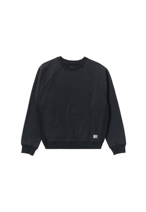 Sweatshirt noir en tissu doux, avec des poignets et un ourlet côtelés, un col rond et une petite étiquette de marque sur le côté inférieur.