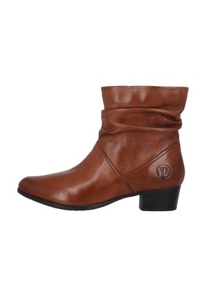 Brown leather ankle boot with a slouch design, pointed toe, and a low block heel. Features a subtle logo on the side.