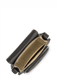 Borsa a mano nera in pelle con design strutturato, dotata di chiusura a zip e due scomparti interni rivestiti in un tessuto beige chiaro.