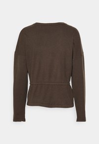 Cardigan en tricot marron à manches longues avec un col rond et un détail subtil de couture horizontale à la taille, vu de dos.