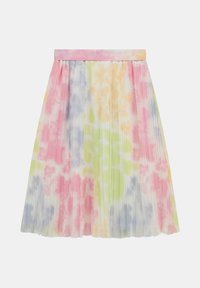 Plisowana spódnica w pastelowym wzorze tie-dye w odcieniach różu, żółci, zieleni i niebieskiego. Elastyczny pas, lekki materiał, długość do kolan.