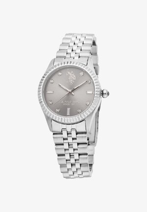 Silver stainless steel watch with a round case, fluted bezel, gray dial, stone markers, and a linked bracelet strap.