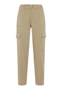 Beige cargobroek met een rechte pasvorm, voorzien van vier zakken, een ritssluiting en een knoopsluiting. Gemaakt van duurzaam katoen.