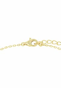 Collana in metallo tono oro con catena, dotata di chiusura a moschettone e componenti ovali interconnessi. La catena è liscia con una finitura lucida.