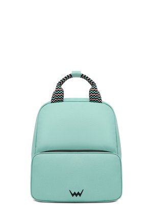 Mint green backpack with a smooth texture, featuring black and pink zigzag patterned handles and a front zipper pocket.