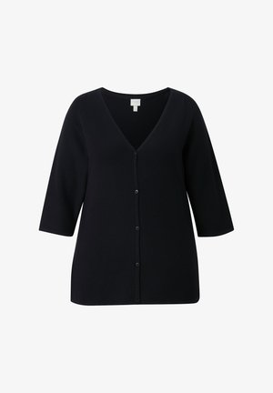 Black cardigan with a V-neck, button front, and three-quarter length sleeves. Made of a knitted texture for a soft feel.
