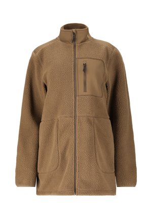 Braune Fleece-Jacke mit durchgehendem Reißverschluss, Stehkragen, zwei Fronttaschen und einer Reißverschlusstasche auf der Brust. Weicher, strukturierter Stoff.