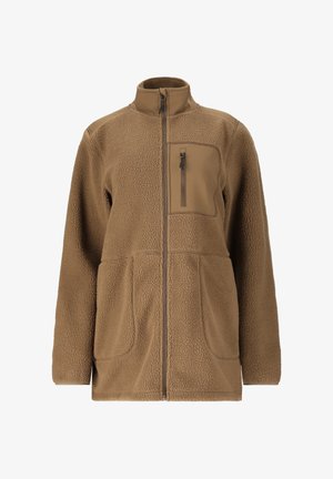 Veste en polaire marron à fermeture éclair complète avec col montant, deux poches avant et une poche poitrine zippée. Tissu doux et texturé.