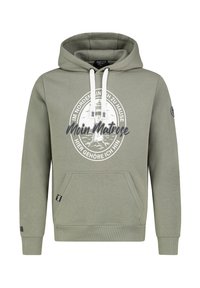Olijfgroene hoodie met een voork pocket, trekkoorden, een cirkelvormige vuurtorenafbeelding en ribgebreide manchetten en onderrand.