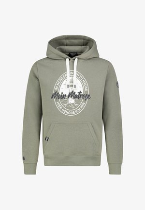 Olijfgroene hoodie met een voork pocket, trekkoorden, een cirkelvormige vuurtorenafbeelding en ribgebreide manchetten en onderrand.