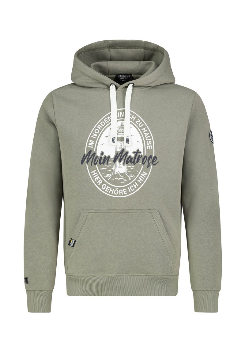 Olijfgroene hoodie met een voork pocket, trekkoorden, een cirkelvormige vuurtorenafbeelding en ribgebreide manchetten en onderrand.