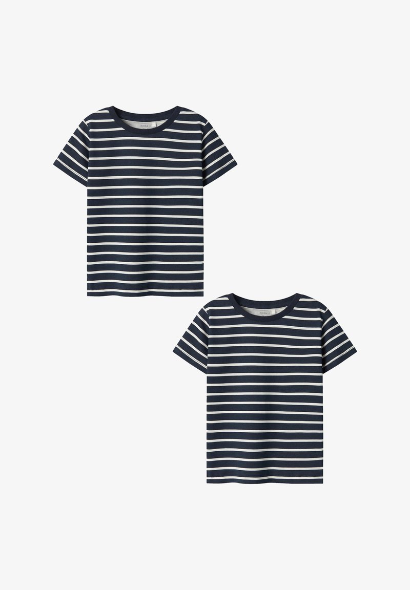 Gestreifte T-Shirts in Marineblau und Weiß, mit kurzen Ärmeln, Rundhalsausschnitt, aus Baumwollmaterial, mit horizontalen Streifen und lässiger Passform.