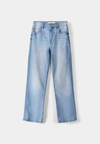 Ljusblå denimjeans med rak passform, femficksdesign och blekt tvätt, med knäppning och bälten.