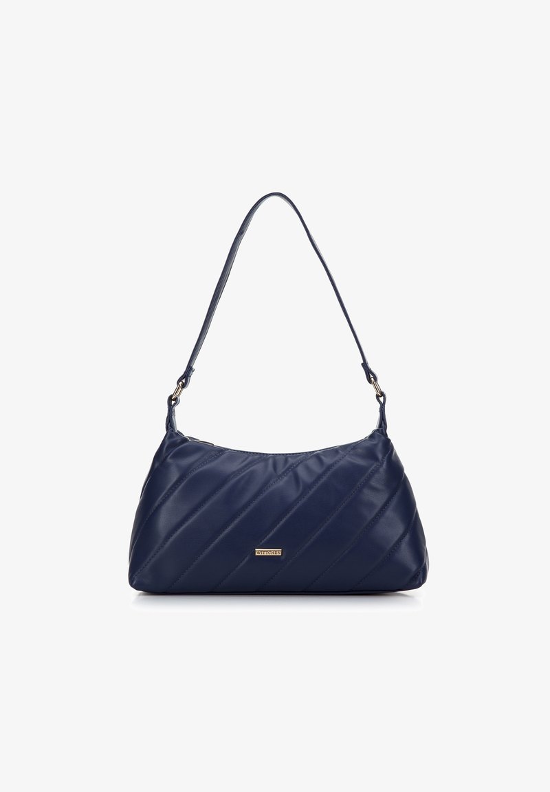 Sac à épaule synthétique bleu marine avec un motif matelassé en diagonale, une forme incurvée, un fond plat et des accents en métal doré brillant.