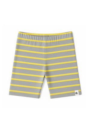 Szare spodenki kąpielowe z poziomymi żółtymi paskami i małą białą metką z logo na dolnej prawej nogawce.