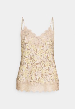 Beige cami met kantafwerking en een bloemenprint van gele en roze bloemen, verstelbare schouderbandjes en een golvende onderrand.
