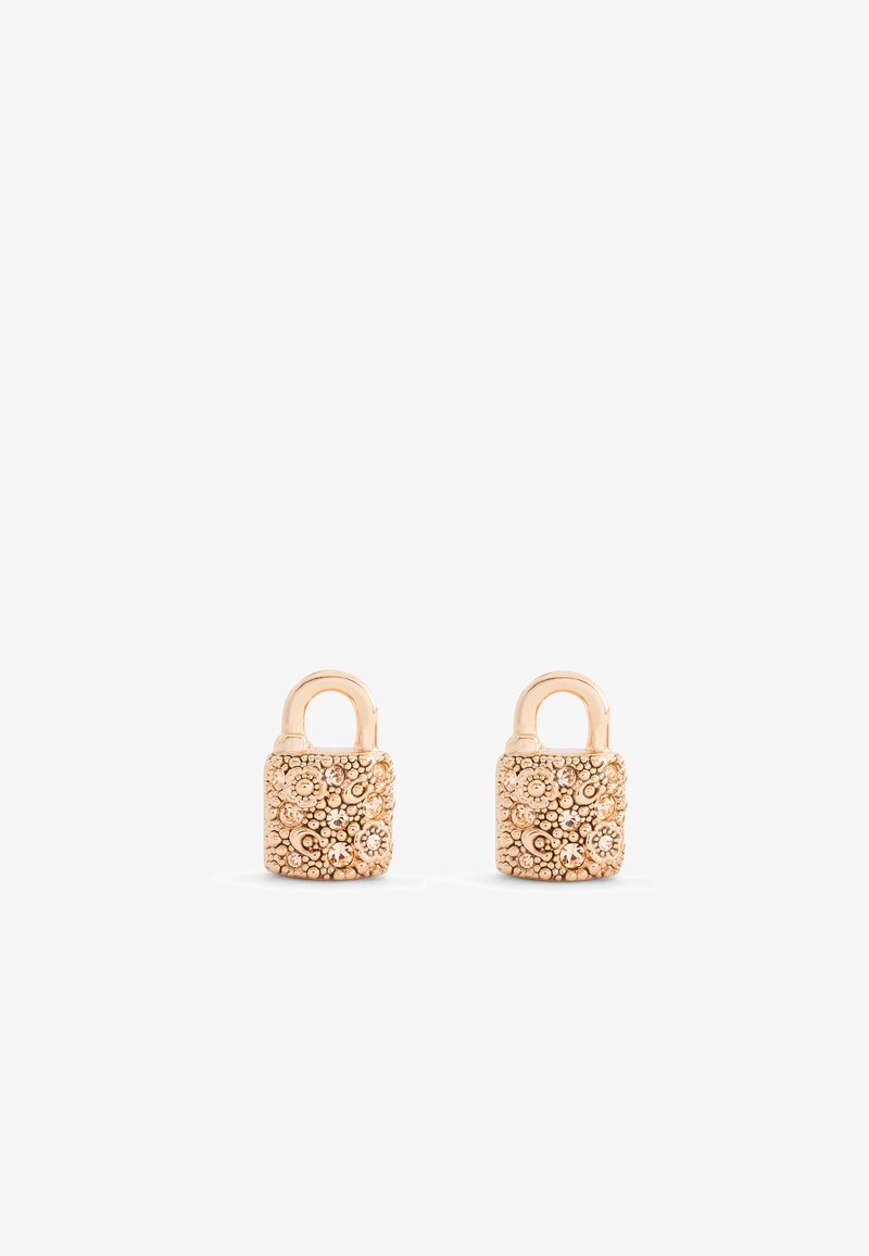 Gold-colored padlock-shaped earrings with intricate floral and gemstone detailing on a white background.