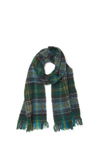 Foulard a quadri in tonalità verdi, blu e marroni. Morbido al tatto, presenta bordi frangiati e un aspetto caldo e accogliente.