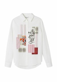 White button-up shirt featuring a collage of Mickey Mouse graphics, plaid and striped fabric patterns in pink, red, and gray tones.