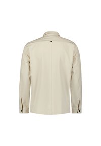 Lichtbeige longsleeve shirt met een gestructureerde kraag, knoopsluiting bij de mouwen en een centrale naad op de rug. Glad textuur en lichtgewicht materiaal.