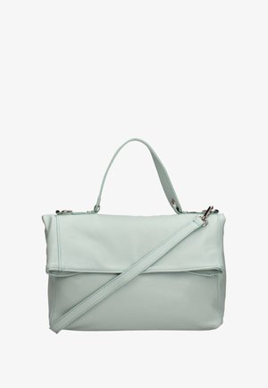 Helle blaue Lederhandtasche mit strukturierter Form, Umschlagklappe, kurzem Griff und verstellbarem Riemen. Besitzt minimale Nähakzente.