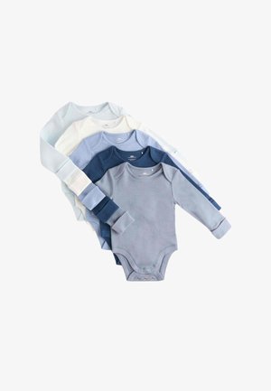 Fünf langärmelige Babybodies in Blau- und Weißtönen, auf einem weißen Hintergrund gestapelt, mit Druckknöpfen am Boden.