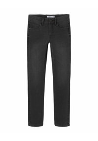 Jeans noirs en denim, avec une coupe droite, cinq poches et une fermeture à bouton. Texture lisse avec un minimum d'usure.