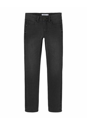Jeans noirs en denim, avec une coupe droite, cinq poches et une fermeture à bouton. Texture lisse avec un minimum d'usure.