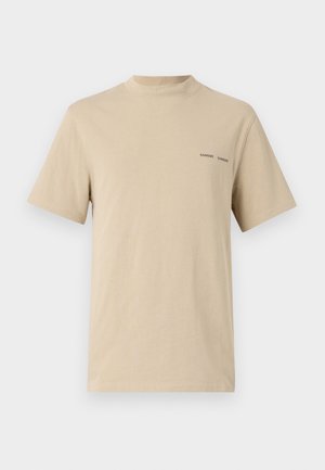 Beige cotton t-shirt with a rounded neckline and short sleeves. Features subtle black "SAMSOE" text logo on the chest.
