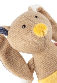 Soft brown plush rabbit with yellow nose, black button eyes, and textured ears. Features a fabric pattern on arms and a fluffy tail.